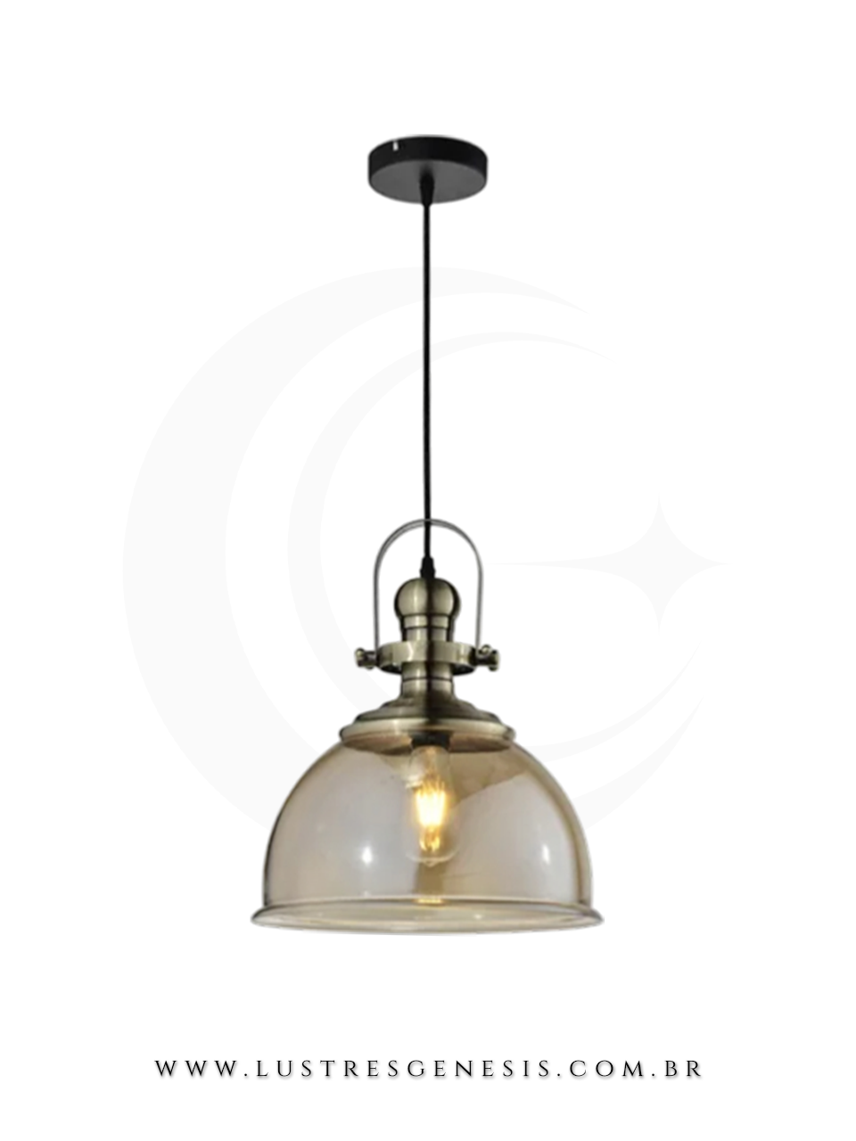 Luminaria Pendente Aisha Vidro Amber com Estrutura Preta Estilo Retro Industrial para Sala de Jantar Bancada Area Gourmet Living e Hall